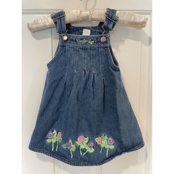Vintage 90’s Y2k Girls Embroidered Denim Jumper Flower Dress Size 2T Romper Bib - Picture 1 of 5